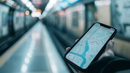 A hand holds a smartphone displaying a map, set against the blurred backdrop of an empty subway station, highlighting modern navigation in urban spaces.