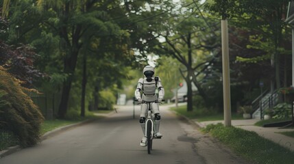 An advanced robot riding a bicycle down a tree-lined suburban street, blending technology with everyday life seamlessly.