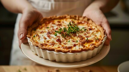 A close-up of hands presenting a beautifully garnished quiche with a golden-brown crust, ideal for a cozy brunch or heartfelt gathering.