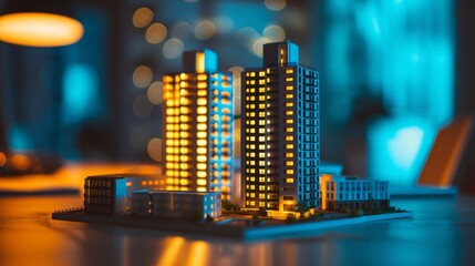 A model of twin skyscrapers glows warmly against the cool blue hue of an urban backdrop, simulating a lively cityscape under night lights.