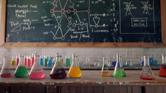 A variety of colorful chemical solutions in beakers lined up in a science lab, with a chalkboard full of equations in the background.