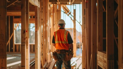 A construction worker in high-visibility gear stands amidst the wooden framework of a building under construction, embodying progress and hard work.