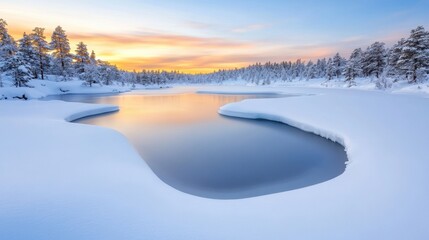 Fototapeta premium A lake surrounded by snow covered trees and a sunset, AI
