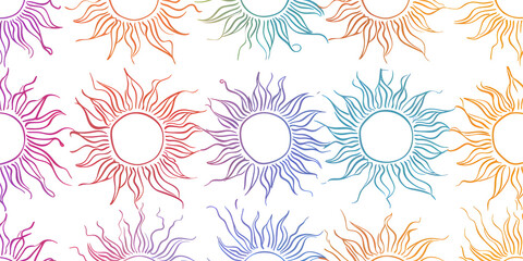 A vibrant and abstract pattern featuring stylized sun shapes in a spectrum of colors