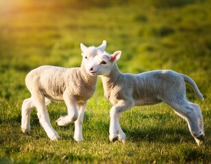 Obraz premium Funny two lambs playing in the green field at sunny day. AI generated image