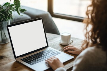 Fototapeta premium Casual woman with curly hair typing on laptop at wooden desk with coffee cup, green plants, blurred background, soft natural light, emphasizing workspace and productivity