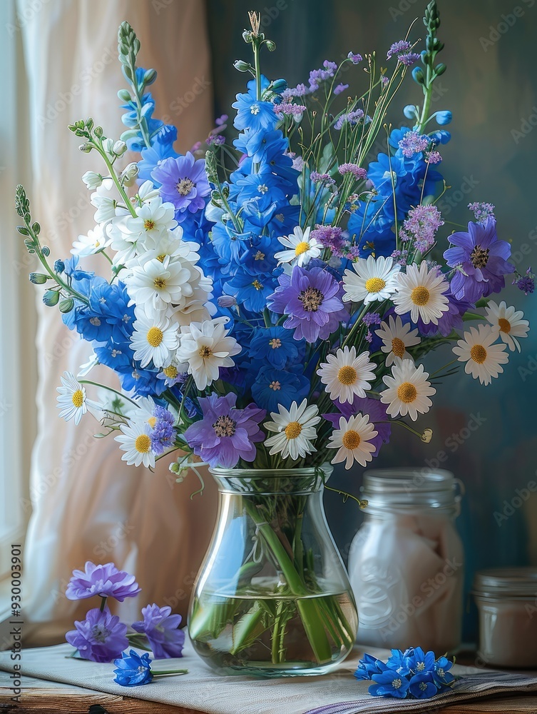 Poster a beautiful arrangement of delphinium and daisies in a glass vase on a table, with soft colors of bl