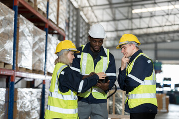 Warehouse worker working in warehouse. Male and female worker discussing at warehouse