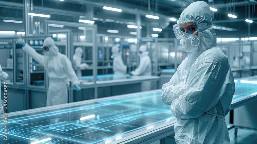Aufkleber a futuristic high-tech laboratory with workers in white hazmat suits, working on advanced technology