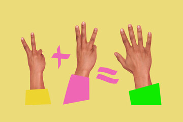 Composite photo collage of student hands show numbers count math subject school lesson education isolated on painted background