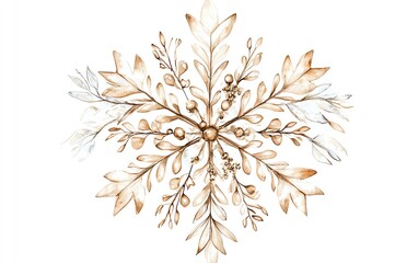 Watercolor illustration of a golden snowflake with intricate details.