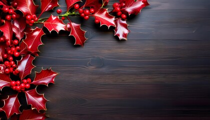Obraz premium Top view of Holly branch with red leaves and berries on wooden table with copy space