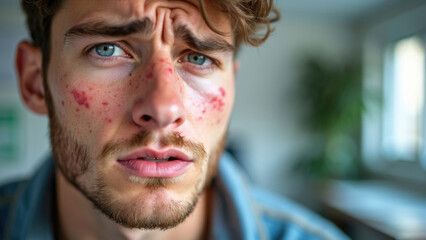 A young man with a red rash on his face shows a thoughtful expression, highlighting concerns about skin health and the importance of dermatological care. The rash underscores the impact of skin condit