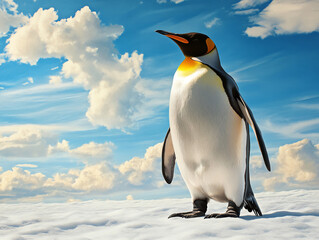 Obraz premium Majestic penguin stands on the icy terrain under a bright blue sky with fluffy clouds, showcasing the beauty of wildlife in its natural habitat.