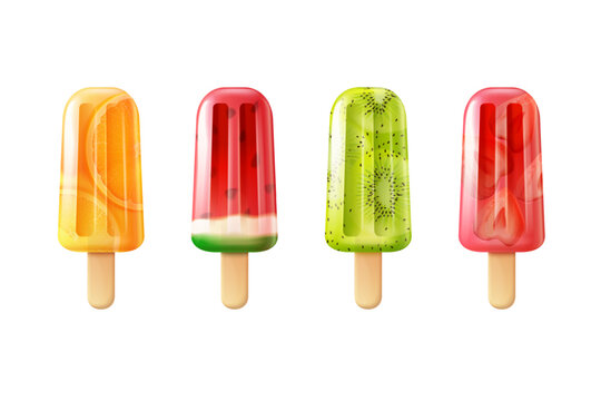 3d fruit popsicles. Realistic ice lolly cream bars, popsicle fruits watermelon kiwi orange frozen juice colorful icelolly stick icecream flavors, render exact vector illustration