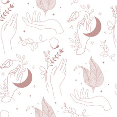 Fototapeta premium Vector celestial seamless pattern, hands, moon and plants line mystic background. Witch spiritual, care boho print.