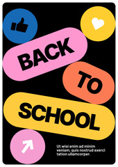 Back to school layout template. Design with geometric shapes and y2k patches, labels, tags, stickers for your flyer, poster, cover, brochure or banner. Trendy promo labels.