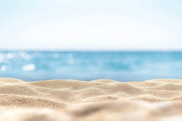 Serene summer beach scene with soft sand and calm sea, featuring natural colors and soft light, ample space for text, ideal for banners and professional designs.