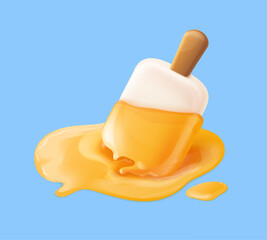3d melted ice cream. Upside popsicle melting frozen milk liquid on ground, melt icecream drop summer time taste sweet food, ad concept realistic render exact vector illustration