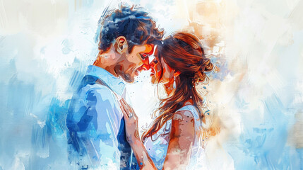 A couple shares a tender moment, their foreheads touching as they smile joyfully at each other in a soft artistic style