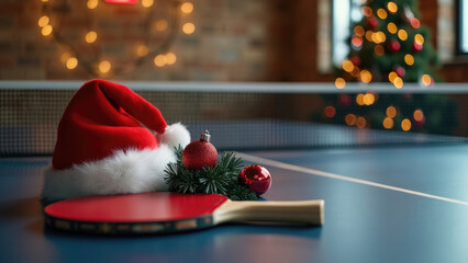 A Christmas-themed setup on a ping pong table featuring a table tennis paddle, Christmas ornaments, and a Santa hat, surrounded by festive holiday lighting and decorations.