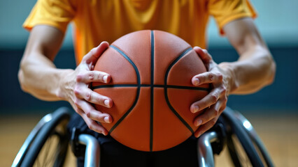Fototapeta premium A person in a wheelchair grips a basketball, ready for action on an indoor court. Image highlights the inclusivity and determination embedded in adaptive sports, inspiring and engaging.