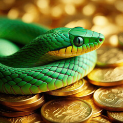 Fototapeta premium A vibrant green snake curls comfortably on a mound of gold coins, reflecting the light and creating an enchanting atmosphere, suggesting themes of wealth and treasure.