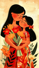 Fototapeta premium A Mother and Daughter Embracing with Flowers