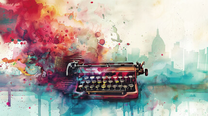 A vintage typewriter sits amidst colorful ink splashes, blending creativity with the silhouette of a city skyline