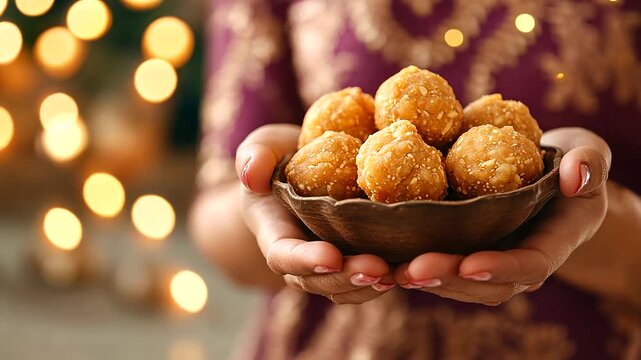 Woman presenting ladoos with glowing festive lights in the backdrop, celebrating Diwali traditions.