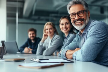 Fototapeta premium Happy businesspeople at a conference table, smiling and looking at the camera. A man with glasses takes notes on a board during a casual meeting or training session. Studio lighting used.