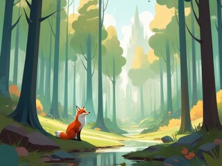 A serene landscape featuring a contemplative fox sitting by a tranquil stream in a lush sunlit forest