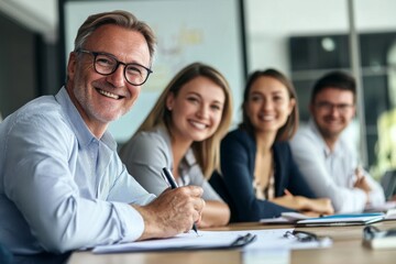 Obraz premium Happy businesspeople at a conference table, smiling and looking at the camera. A man with glasses takes notes on a board during a casual meeting or training session. Studio lighting used.