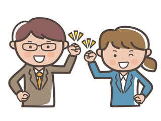 ガッツポーズで気合い充分の上司と部下イメージの男女ビジネスマンの上半身イラスト