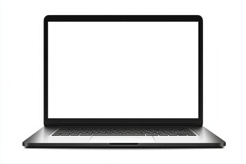 Fototapeta premium Black laptop with blank screen on white background, ideal for design mockups, featuring ultra-realistic view of silver MacBook Pro.