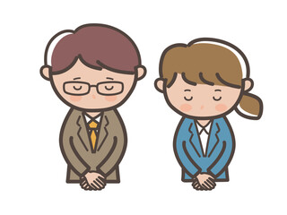 頭を下げて謝る上司と部下イメージの男女ビジネスマンの上半身イラスト