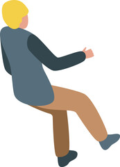 Young man with blond hair is sitting backwards on a chair, resting his arms on the backrest