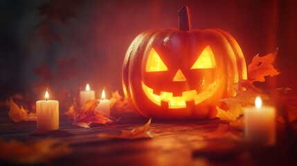 Fototapeta premium Halloween pumpkin with a carved face and candles on a wooden table.