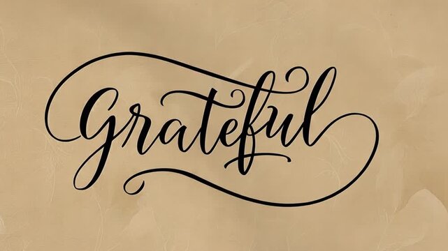 Elegant handwritten script featuring uplifting phrases like 'Grateful' with delicate flourishes and a timeless style. Ideal for greeting cards, wedding invitations, and home decor