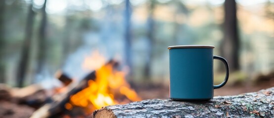 Naklejka premium The forest beckons with a mug of hot chocolate and soft focus.