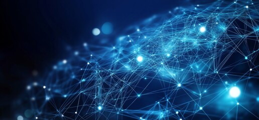 Fototapeta premium Abstract blue background with glowing network connections and a global world map, ideal for internet of things or digital connection concepts, featuring ample copy space and high-resolution profession