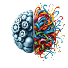 ADHD brain, A brain split into two halves: the left side orderly with neatly arranged gears and precise lines, while the right side chaotic with vibrant swirling colors, abstract shapes, and tangles
