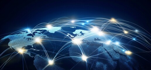 Fototapeta premium Abstract blue background with glowing network connections and a global world map, ideal for internet of things or digital connection concepts, featuring ample copy space and high-resolution profession