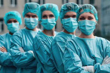 Group of medical professionals wearing protective surgical masks and scrubs, confidently standing with arms crossed, demonstrating teamwork and dedication in a healthcare setting