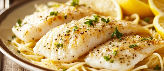 Fish fillet fried in a cream sauce and served with lemon.