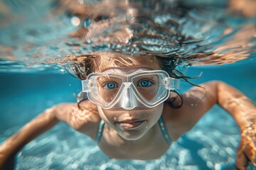 Fototapeta premium Captivating underwater closeup shot of a child wearing swim goggles, exploring the clear blue pool water. The ripples above add a dynamic effect to this vibrant and playful summer moment