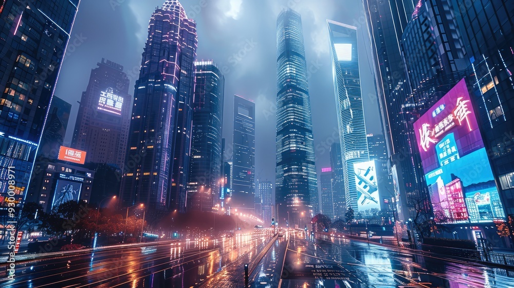 Poster a futuristic urban street at night. towering buildings with illuminated windows and digital billboar