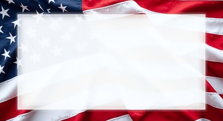 Fototapeta premium USA patriotic theme, rectangle navy frame, red white American flag backdrop, perfect for 4th of July, Memorial Day, Veterans Day events, copy space.