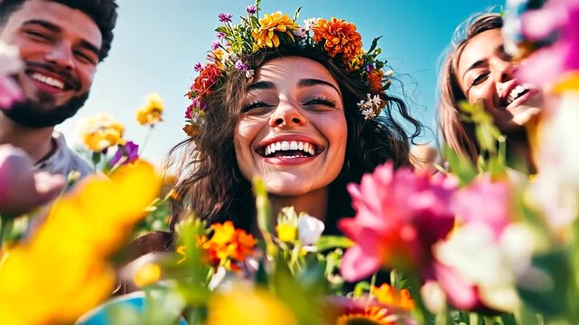 Group of friends having a picnic amidst vibrant wildflowers in a picturesque meadow.