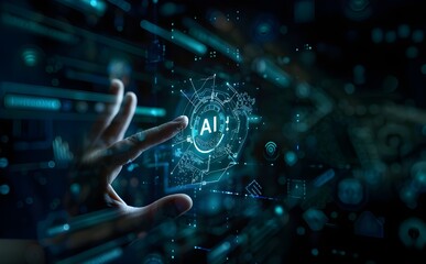Fototapeta premium Digital human hand holding an AI icon with digital technology and business on a dark background. 